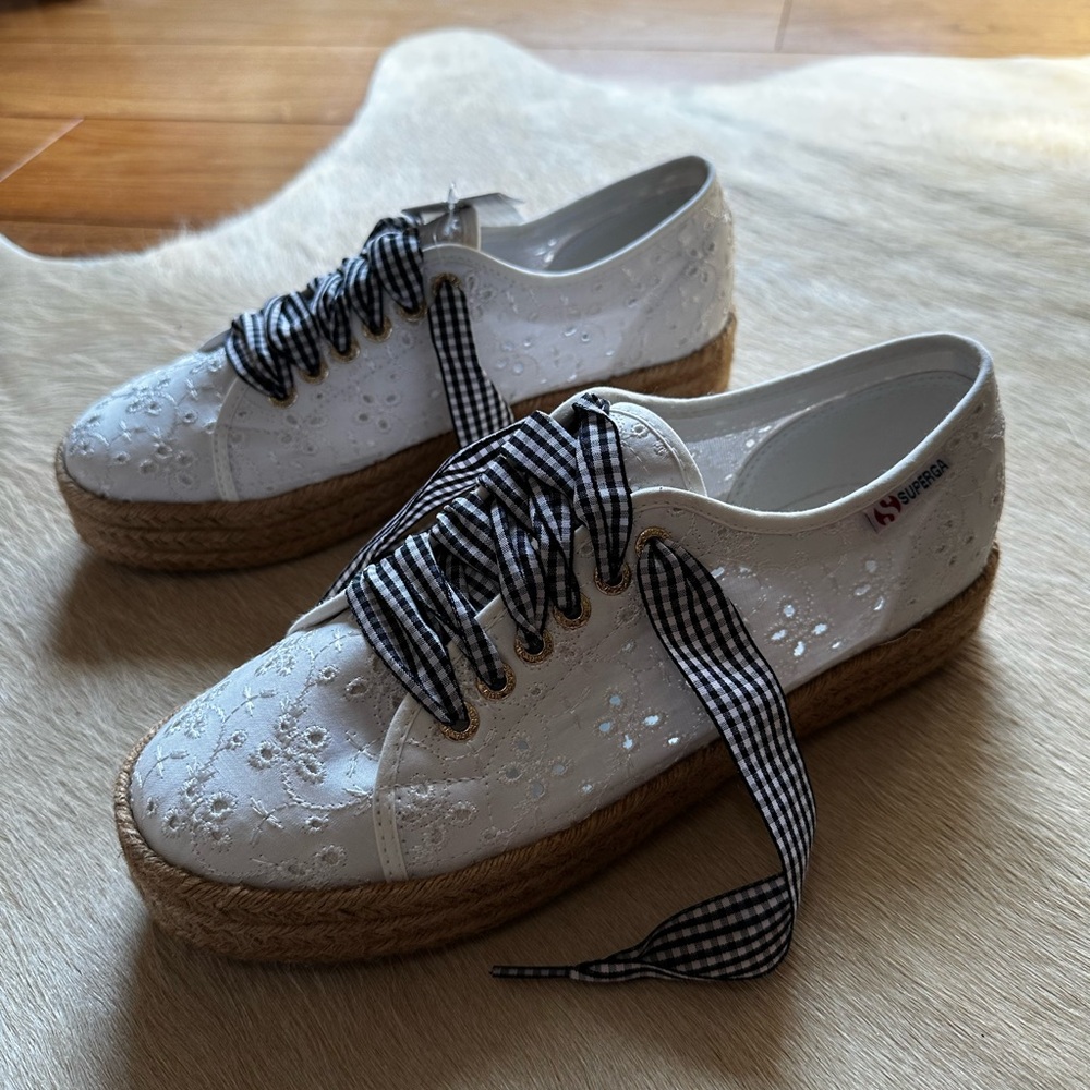 NWT Superga White Eyelet Platform Espadrille Sneakers Gingham Laces, Size 9.5